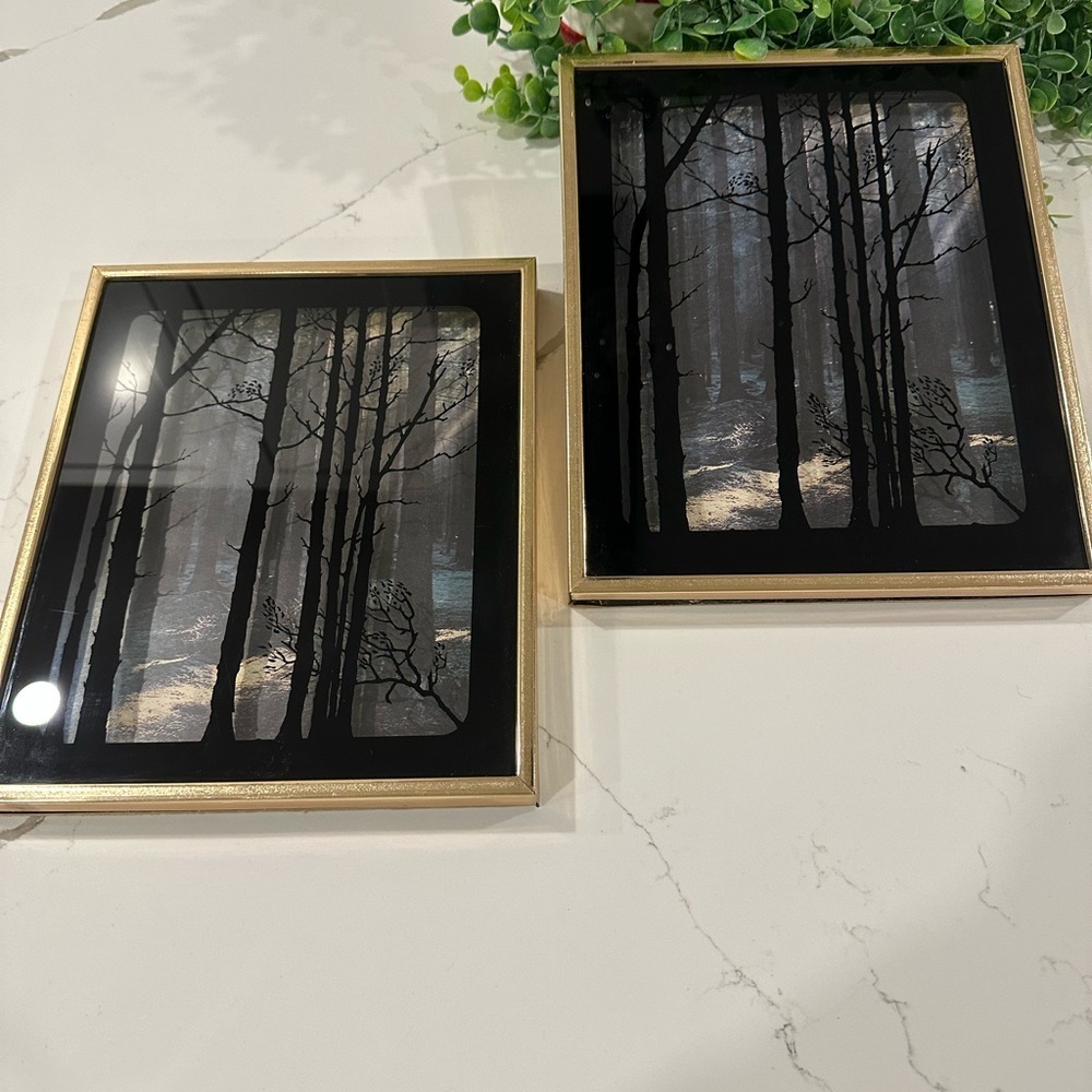 Art work tree shadow  gold frame (2) set glass EUC
